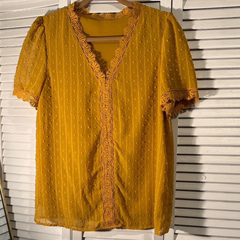 Fashion Nova Mustard Lace Accent Blouse
